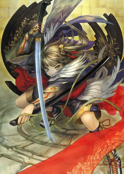 Anime picture 2176x3032 with original japanese sword girls (artbook) masakichi single long hair tall image highres blonde hair yellow eyes girl weapon sword shorts boots armor katana cape