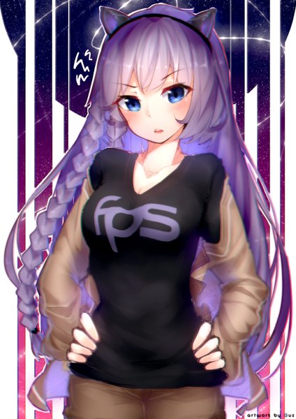 Anime picture 2480x3507 with original yuzas single long hair tall image looking at viewer blush fringe highres open mouth blue eyes standing signed animal ears purple hair braid (braids) cat ears night cat girl night sky