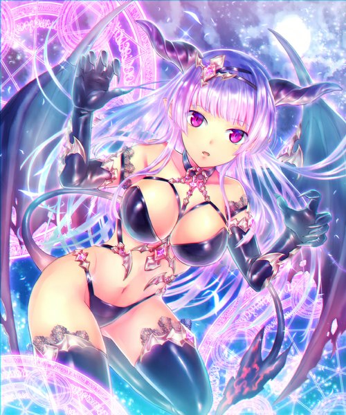 Anime picture 900x1080 with original neme single long hair tall image breasts light erotic large breasts purple eyes silver hair horn (horns) magic girl thighhighs gloves navel black thighhighs wings black gloves elbow gloves