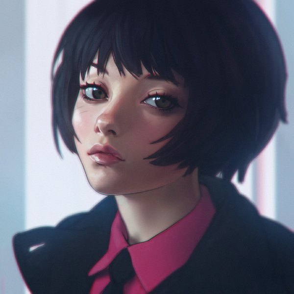 Anime picture 900x900 with original ilya kuvshinov single looking at viewer blush fringe short hair black hair brown eyes parted lips lips blurry realistic open clothes portrait face bob cut girl shirt necktie
