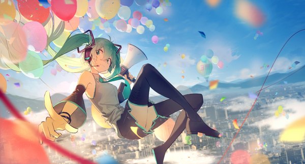 Anime picture 2655x1429 with vocaloid hatsune miku hua ben wuming single long hair looking at viewer fringe highres hair between eyes wide image twintails green eyes sky full body green hair city cityscape midair 39 girl