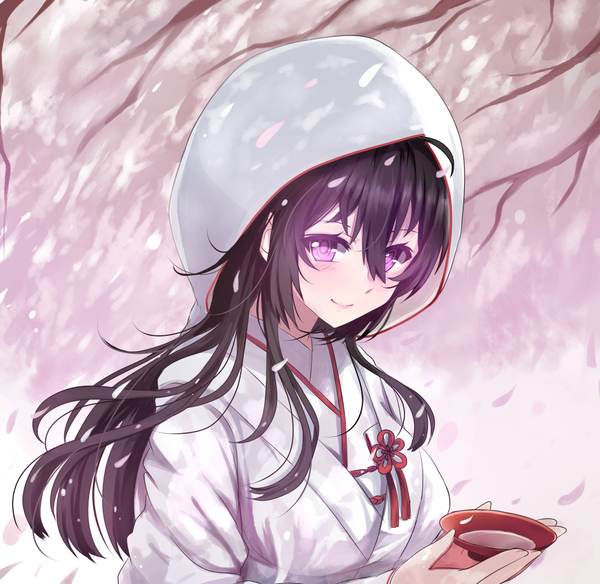 Anime picture 997x972 with original miyaura sanshio beifeng han single long hair looking at viewer black hair smile hair between eyes purple eyes traditional clothes japanese clothes cherry blossoms girl plant (plants) petals tree (trees) alcohol sake sakazuki