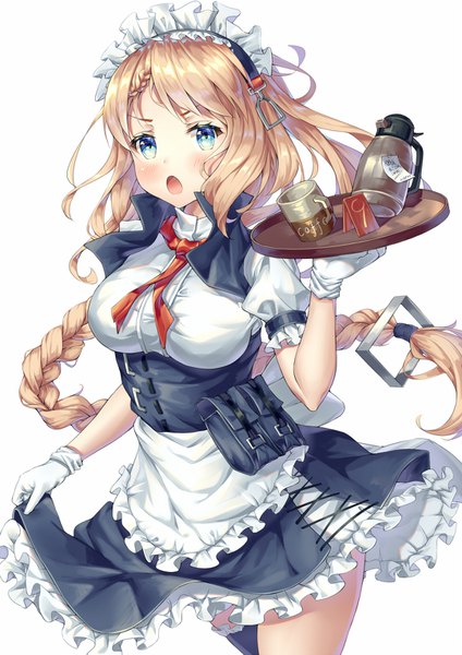 Anime picture 1080x1527 with girls frontline g36 (girls frontline) xi zhujia de rbq single long hair tall image blush fringe open mouth blue eyes blonde hair simple background hair between eyes white background holding braid (braids) :o short sleeves maid puffy sleeves