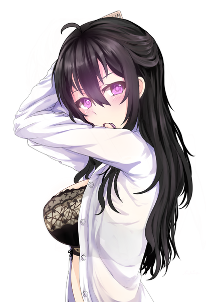 Anime picture 611x886 with original miyaura sanshio beifeng han single long hair tall image looking at viewer fringe light erotic black hair simple background hair between eyes white background purple eyes holding ahoge head tilt arms up open shirt mouth hold