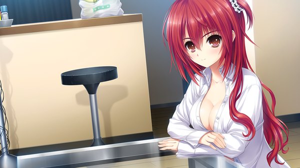 Anime picture 1280x720 with semiramis no tenbin kamio ami single long hair looking at viewer light erotic red eyes wide image game cg cleavage red hair girl shirt