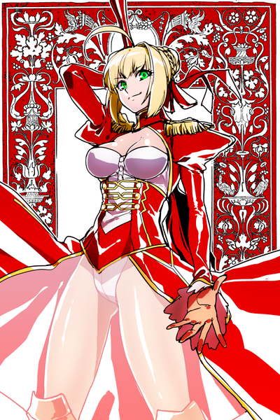 Anime picture 600x900 with fate (series) fate/extra nero claudius (fate) (all) nero claudius (fate) pizaya single tall image short hair light erotic blonde hair smile green eyes payot cleavage ahoge arm behind head underbust girl transparent clothing epaulettes