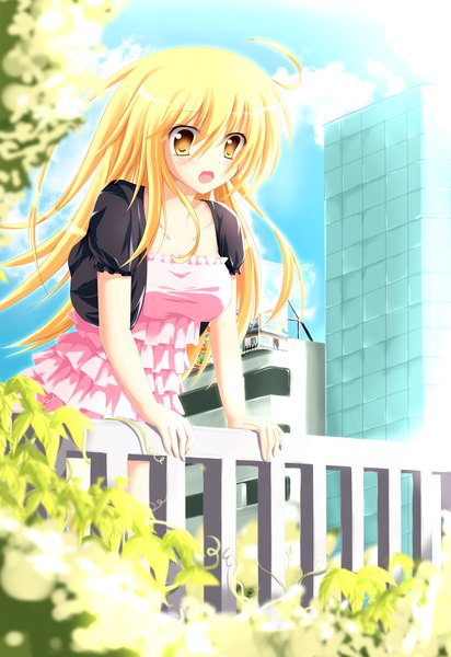 Anime picture 2031x2952 with angel koman single long hair tall image blush highres open mouth blonde hair yellow eyes girl dress plant (plants)