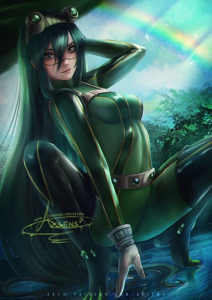 Anime picture 848x1200 with boku no hero academia studio bones asui tsuyu axsen single tall image looking at viewer blush fringe breasts light erotic hair between eyes green eyes signed sky cloud (clouds) outdoors very long hair arm up green hair