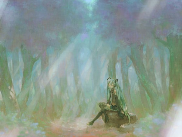 Anime picture 1600x1200 with vocaloid hatsune miku ameiro (artist) single long hair smile sitting twintails eyes closed sunlight aqua hair girl plant (plants) detached sleeves tree (trees) thigh boots forest stone (stones)