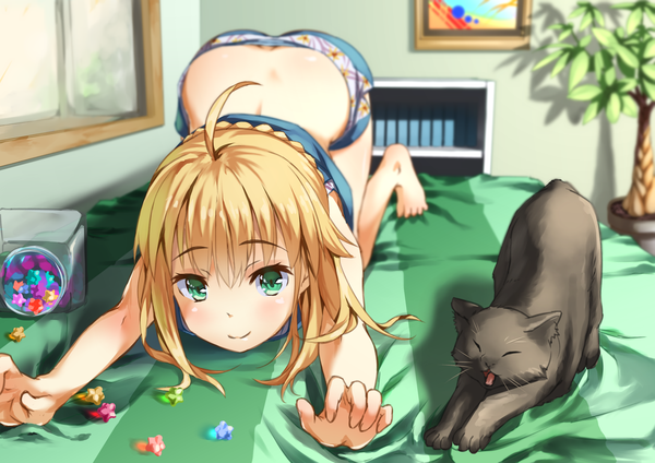 Anime picture 2047x1447 with fate (series) fate/stay night artoria pendragon (all) saber hellnyaa single looking at viewer fringe highres short hair light erotic blonde hair hair between eyes green eyes payot full body ahoge indoors braid (braids) barefoot