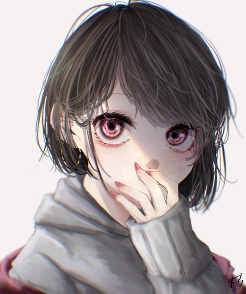 Anime picture 858x1024 with original taira single tall image looking at viewer fringe short hair simple background brown hair signed nail polish pink eyes fingernails grey background sleeves past wrists portrait shaded face long fingernails covered mouth girl