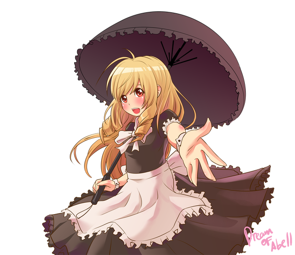 Anime picture 1169x1011 with dream-of-abell single long hair looking at viewer blush open mouth blonde hair red eyes maid transparent background girl dress umbrella