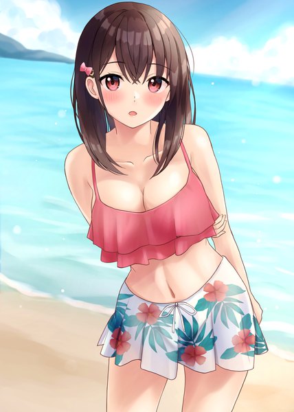 Anime picture 1200x1683 with original yukimaru217 single long hair tall image looking at viewer blush fringe breasts open mouth hair between eyes red eyes brown hair large breasts standing bare shoulders sky cloud (clouds) pleated skirt bare belly
