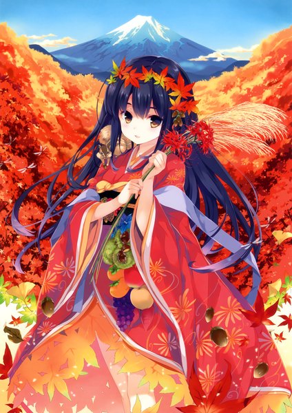 Anime picture 3251x4598 with original sakura koharu single long hair tall image looking at viewer highres black hair brown eyes absurdres traditional clothes japanese clothes mountain girl hair ornament animal kimono leaf (leaves) fruit