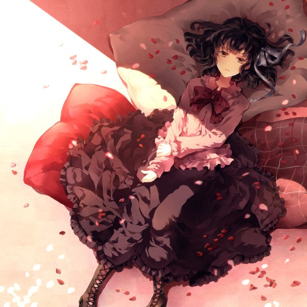 Anime picture 2100x2100 with original sunakumo single highres short hair black hair brown eyes girl dress petals bowtie