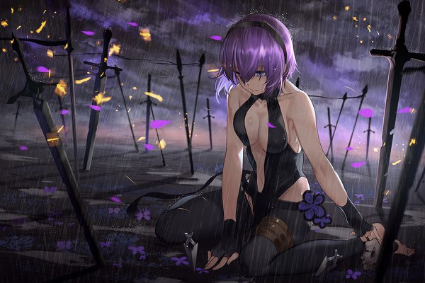 Anime picture 1200x800 with fate (series) fate/grand order fate/prototype hassan of serenity (fate) xiaoshou xiansheng single fringe short hair breasts blue eyes light erotic hair between eyes large breasts sitting bare shoulders purple hair cloud (clouds) full body bent knee (knees) wind