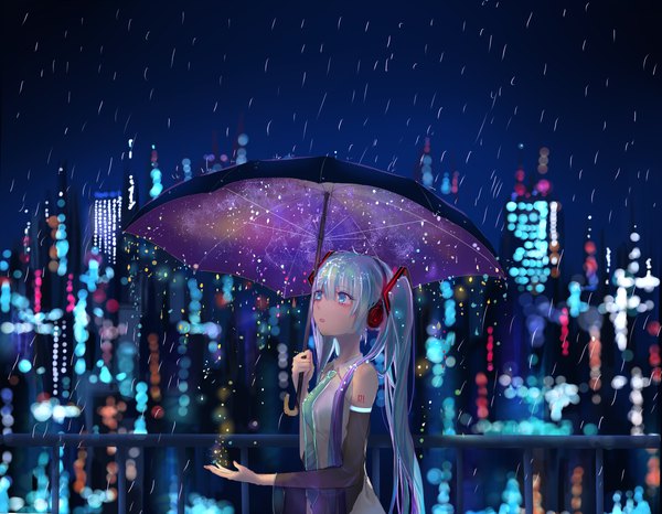 Anime picture 1800x1400 with vocaloid hatsune miku rec.07 single fringe highres open mouth hair between eyes twintails bare shoulders holding very long hair parted lips aqua eyes blurry aqua hair night wide sleeves :o sparkle