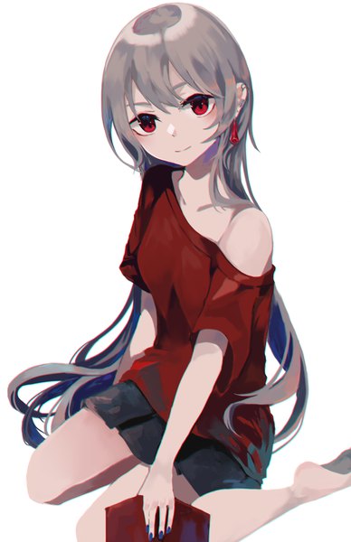 Anime picture 2442x3772 with original ogami ren single long hair tall image looking at viewer blush fringe highres breasts simple background smile hair between eyes red eyes white background sitting blue hair nail polish head tilt pleated skirt