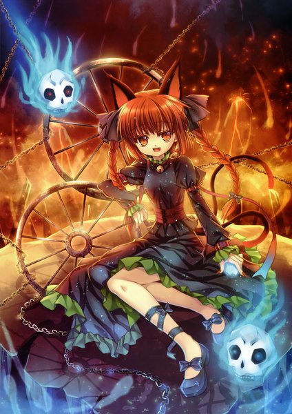 Anime picture 2953x4177 with touhou kaenbyou rin capura lin single tall image highres red eyes twintails animal ears red hair braid (braids) cat ears cat girl twin braids glowing extra ears girl dress chain skull