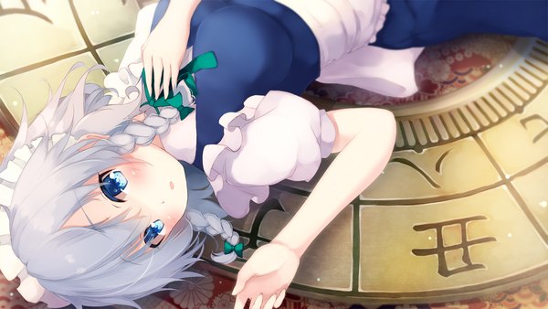 Anime picture 1920x1080 with touhou izayoi sakuya gengetsu chihiro single long hair looking at viewer highres blue eyes wide image silver hair lying braid (braids) parted lips short sleeves on back puffy sleeves twin braids hand on chest girl headdress