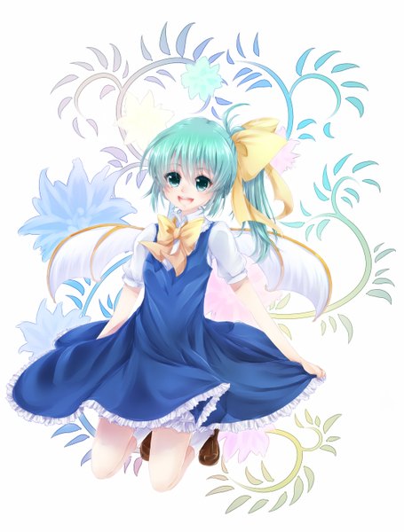 Anime picture 1100x1450 with touhou daiyousei nakayama shumo single tall image looking at viewer blush short hair open mouth smile sitting ponytail aqua eyes aqua hair kneeling side ponytail girl dress hair ornament flower (flowers)