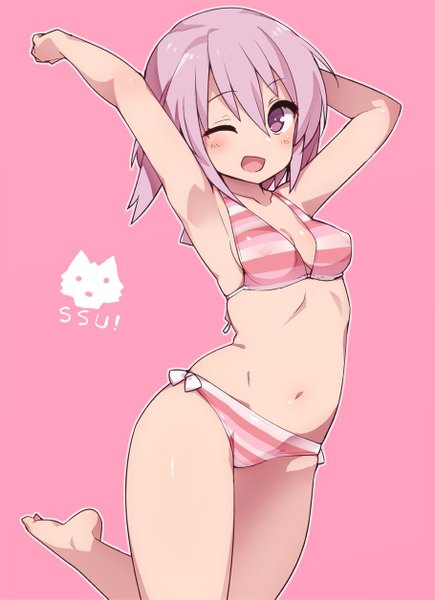 Anime picture 910x1255 with alice gear aegis hirasaka yotsuyu stroma single tall image looking at viewer blush fringe short hair breasts open mouth light erotic simple background smile hair between eyes standing pink hair one eye closed pink eyes barefoot