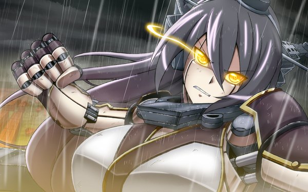 Anime picture 1920x1200 with kantai collection nagato battleship h-new single long hair looking at viewer highres black hair yellow eyes wallpaper glowing rain glowing eye (eyes) girl hairband armor fist gorget cyborg