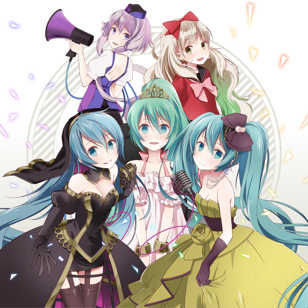 Anime picture 1000x1000 with vocaloid kochira koufuku anshin iinkai desu (vocaloid) eien ni shiawase ni naru houhou mitsukemashita (vocaloid) hatsune miku yuzuki yukari mayu (vocaloid) wogura long hair blush open mouth purple eyes twintails bare shoulders multiple girls blue hair purple hair white hair aqua eyes aqua hair low twintails