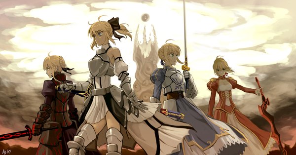 Anime picture 1680x880 with fate (series) fate/stay night studio deen type-moon artoria pendragon (all) saber nero claudius (fate) (all) saber alter nero claudius (fate) saber lily as109 blue eyes blonde hair wide image bare shoulders multiple girls green eyes yellow eyes sky cloud (clouds)