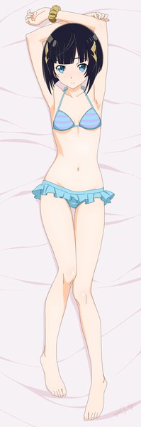 Anime picture 1066x3200 with sword art online sword art online: hollow realization a-1 pictures premiere shugo19 single tall image looking at viewer short hair breasts blue eyes light erotic black hair smile signed full body lying barefoot fingernails armpit (armpits)