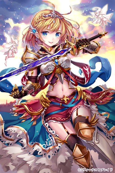 Anime picture 700x1050 with original momoko (momopoco) single tall image looking at viewer blush short hair blue eyes blonde hair smile midriff girl dress gloves navel hair ornament weapon sword armor