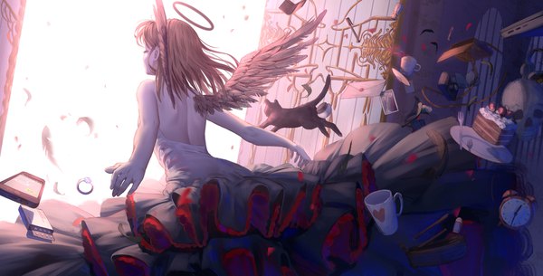 イラスト 1800x917 と オリジナル 极道寂 ソロ 長髪 前髪 highres 茶色の髪 wide image eyes closed from behind sleeveless lipstick spread arms bare back angel wings black wings angel gate 女の子 ドレス