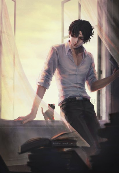 Anime picture 560x815 with hunter x hunter chrollo lucilfer rainnoir single tall image short hair black hair standing holding signed sky upper body indoors nail polish wind inscription arm support text looking down open collar