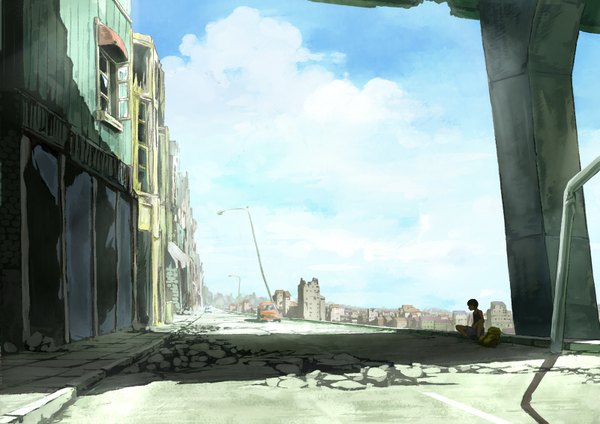 Anime picture 1600x1131 with kuchibiru (lipblue) sitting sky cloud (clouds) city landscape ruins post-apocalyptic boy bag ground vehicle backpack car lamppost