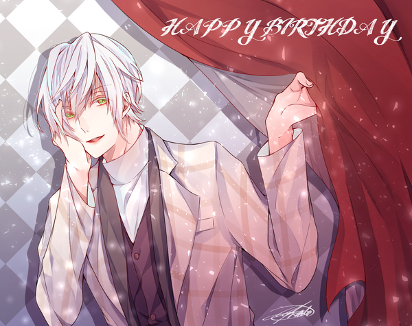 Anime picture 1565x1240 with tsukiuta shimotsuki shun utkt single looking at viewer fringe short hair open mouth simple background smile hair between eyes holding green eyes signed upper body white hair shadow text english happy birthday