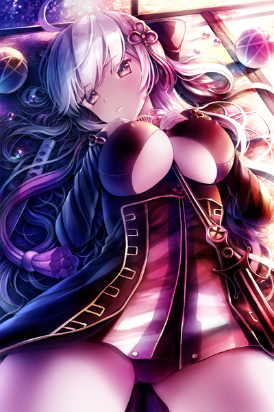 Anime picture 800x1200 with fate (series) fate/grand order okita souji (fate) (all) okita souji alter (fate) tranquillianus single long hair tall image looking at viewer blush fringe breasts light erotic large breasts brown eyes silver hair ahoge lying parted lips on back