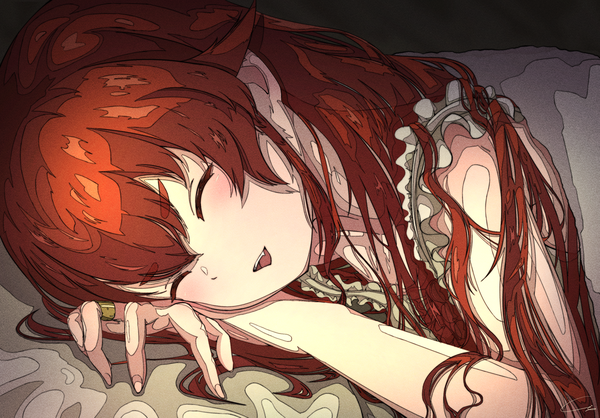 Anime picture 3411x2375 with mushoku tensei studio bind eris boreas greyrat ci4 e single long hair blush fringe highres open mouth smile hair between eyes signed payot absurdres upper body red hair eyes closed fingernails sleeping