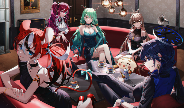 Anime picture 4797x2819 with virtual youtuber hololive hololive english ouro kronii nanashi mumei ceres fauna hakos baelz irys (hololive) sanallite (tsukumo sana) star-ring long hair looking at viewer fringe highres short hair blue eyes hair between eyes brown hair wide image sitting