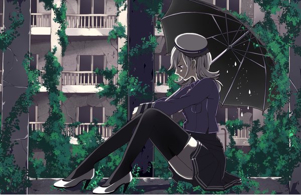 Anime picture 1300x843 with vocaloid ama no jaku (vocaloid) gumi jack amano komine (artist) single short hair black hair sitting profile grey hair girl thighhighs skirt black thighhighs plant (plants) miniskirt umbrella cap