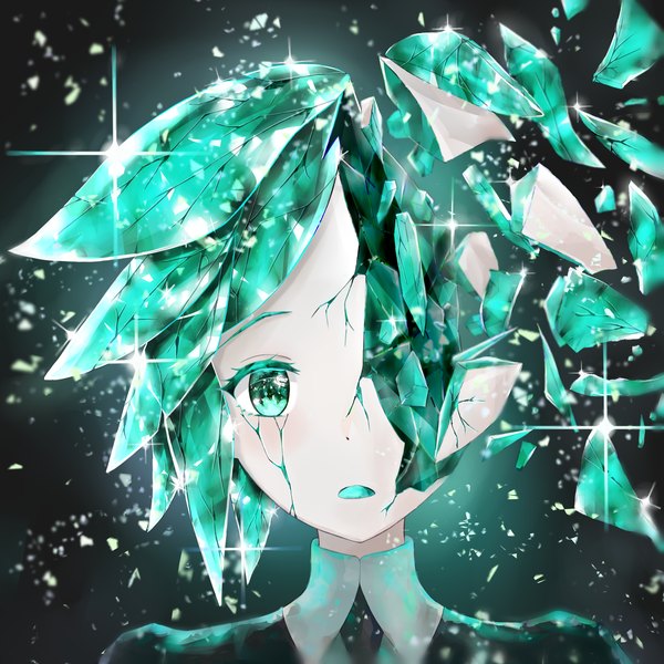 Anime picture 2000x2000 with houseki no kuni phosphophyllite atychi single looking at viewer highres short hair aqua eyes aqua hair sparkle androgynous crack debris