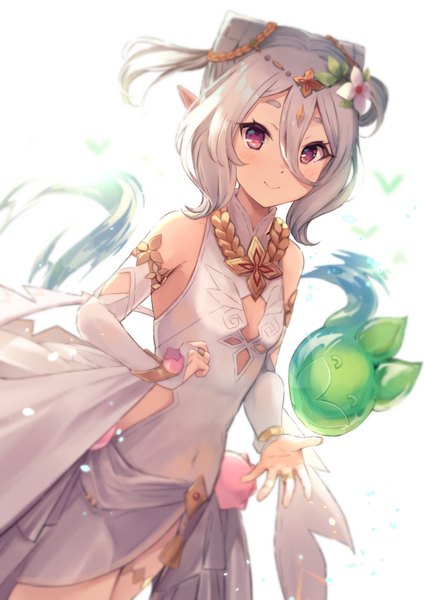 Anime picture 990x1400 with princess connect! re:dive princess connect! kokkoro (princess connect!) cowengium single tall image fringe short hair simple background smile hair between eyes white background purple eyes silver hair pointy ears covered navel girl bridal gauntlets creature