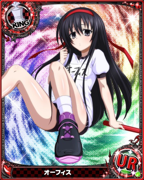 Anime picture 640x800 with highschool dxd ophis long hair tall image light erotic black hair black eyes loli card (medium) girl uniform shoes hairband gym uniform
