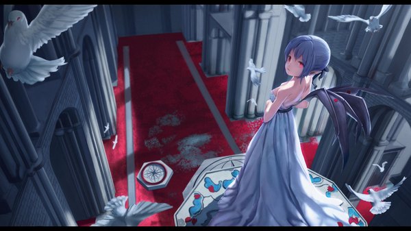 Anime picture 1600x900 with touhou remilia scarlet pupil g single looking at viewer fringe short hair red eyes wide image standing bare shoulders purple hair indoors looking back from above from behind light flying black wings girl