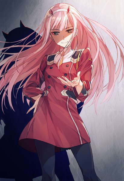 Anime picture 800x1167 with darling in the franxx studio trigger zero two (darling in the franxx) k-me single long hair tall image looking at viewer fringe simple background smile standing green eyes pink hair horn (horns) grey background hand on hip shaded face outstretched hand military