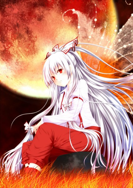 Anime picture 1100x1554 with touhou fujiwara no mokou umxzo single long hair tall image red eyes sitting silver hair insect wings butterfly wings red moon girl bow hair bow shirt