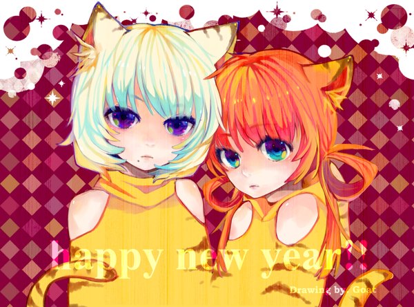 Anime picture 3188x2362 with original sono (pixiv) highres short hair purple eyes multiple girls animal ears blue hair absurdres red hair tail cat ears new year girl 2 girls