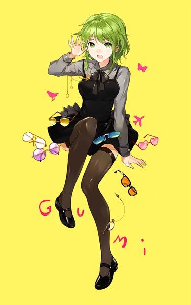 Anime picture 1600x2546 with vocaloid gumi apring single tall image looking at viewer fringe short hair open mouth simple background sitting green eyes full body long sleeves arm up green hair arm support :o character names thighs