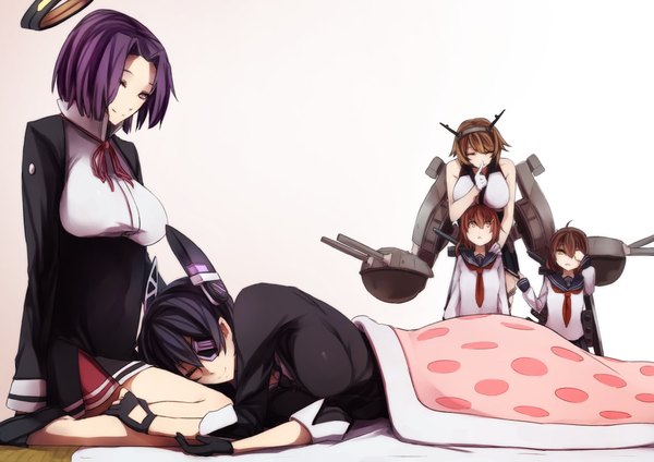 Anime picture 2047x1447 with kantai collection tenryuu light cruiser mutsu battleship inazuma destroyer ikazuchi destroyer tatsuta light cruiser kyouya (mukuro238) highres short hair black hair simple background brown hair white background purple eyes multiple girls brown eyes purple hair lying one eye closed wink