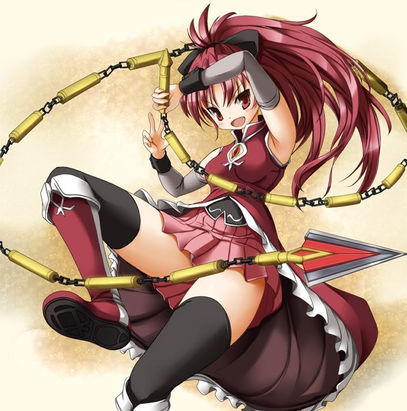 Anime picture 1024x1034 with mahou shoujo madoka magica shaft (studio) sakura kyouko funiki kumi single long hair tall image open mouth red eyes red hair girl thighhighs weapon black thighhighs detached sleeves boots