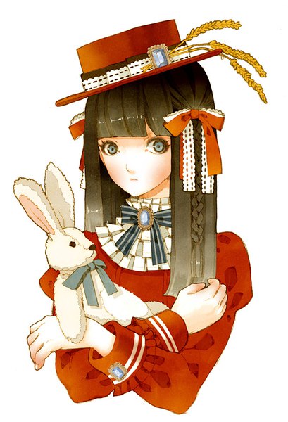 Anime picture 614x901 with original hamondo single long hair tall image looking at viewer blush fringe blue eyes simple background brown hair white background holding blunt bangs braid (braids) portrait crossed arms girl bow ribbon (ribbons)